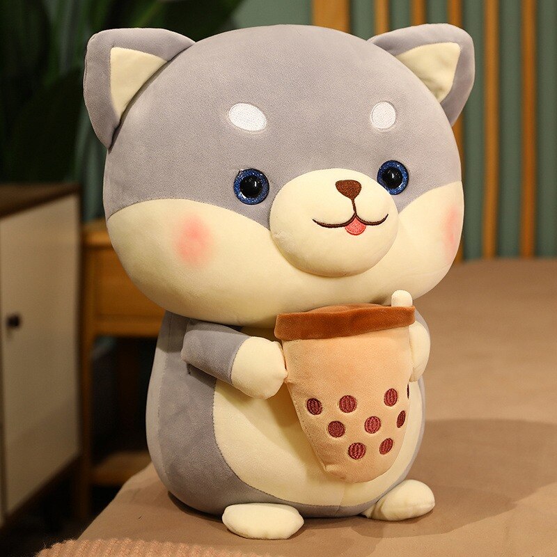 Shiba Inu Holding Milk Boba Tea Plush - The Refined Emporium